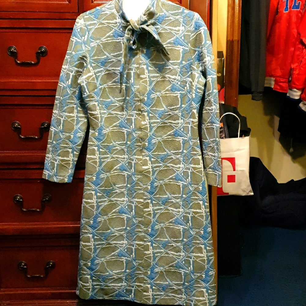 Vtg 70s Blue Splatter Bow Tie Secretary Dress